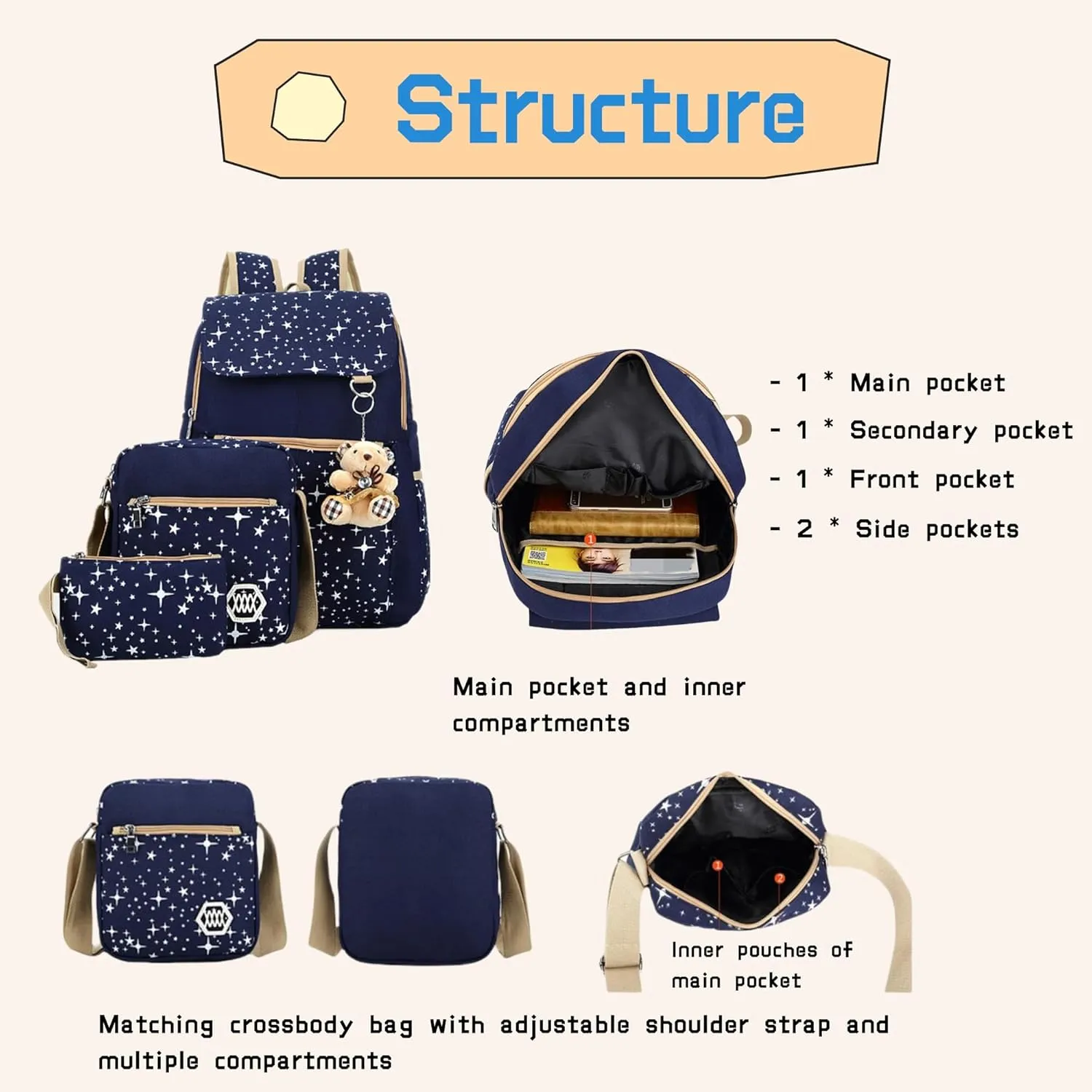 Star Print Girls Backpacks Set for School, School Bags Backpack Bookbags for Teens Girls, with Crossbody Bag, 3 Pieces