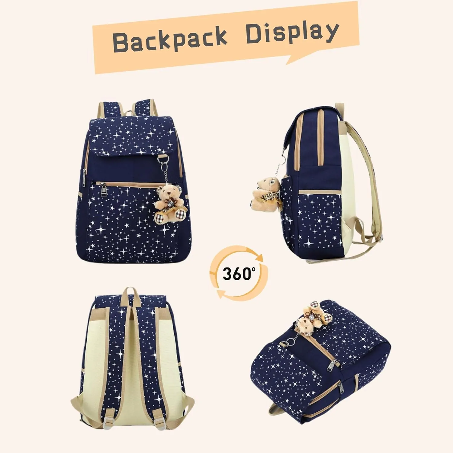Star Print Girls Backpacks Set for School, School Bags Backpack Bookbags for Teens Girls, with Crossbody Bag, 3 Pieces