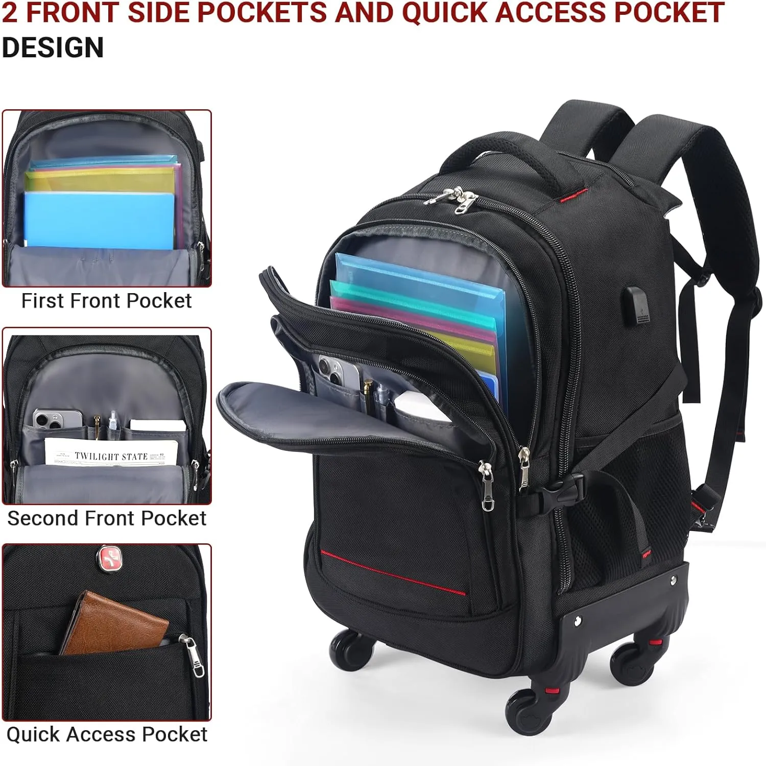 StarCloud 4-Wheel Checked Rolling Backpack 55L (24x15x9in): Extra-Large Roller Travel Laptop Backpack for Business, Water-Resistant Luggage, Backpack with Wheels for Travel and Commuting