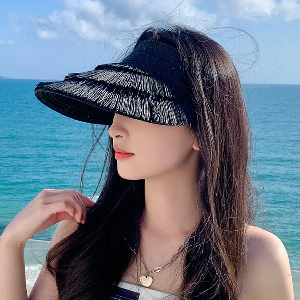 Straw Sun Visor Hat for Women, Summer Wide Brim Beach Sun Hat Roll-up Foldable Golf Visor