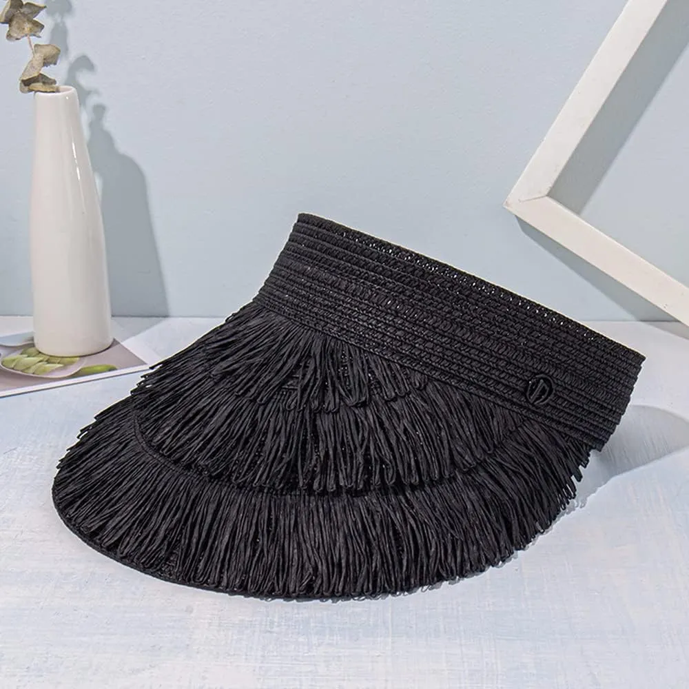 Straw Sun Visor Hat for Women, Summer Wide Brim Beach Sun Hat Roll-up Foldable Golf Visor
