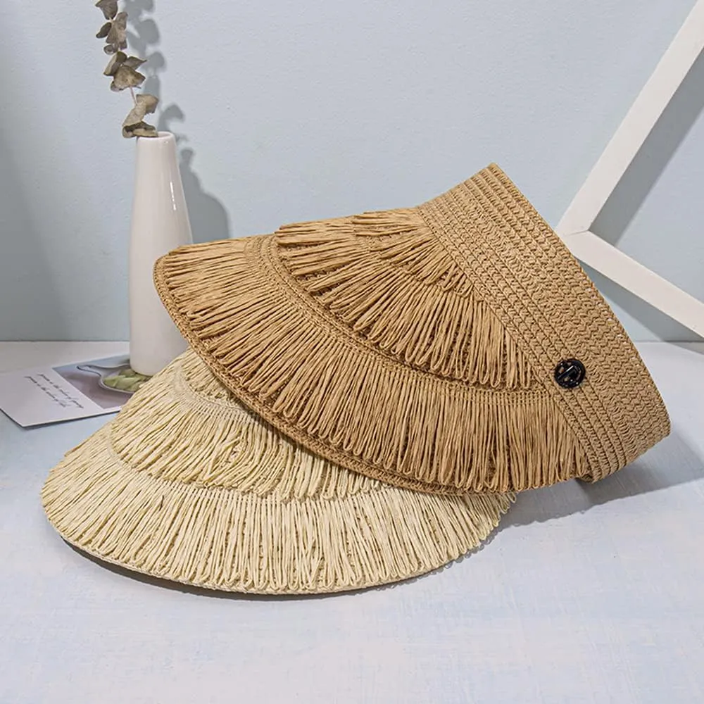 Straw Sun Visor Hat for Women, Summer Wide Brim Beach Sun Hat Roll-up Foldable Golf Visor