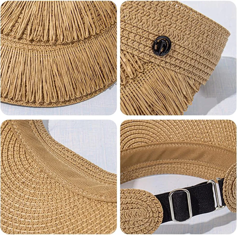 Straw Sun Visor Hat for Women, Summer Wide Brim Beach Sun Hat Roll-up Foldable Golf Visor