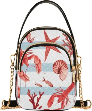 Summer Birds Butterflies Summer Red Lobsters Starfish Crossbody Bags for Women Quilted Chain Crossbody Purses Trendy Nature Corals Seahorse Cross Body Phone Purse Handbag
