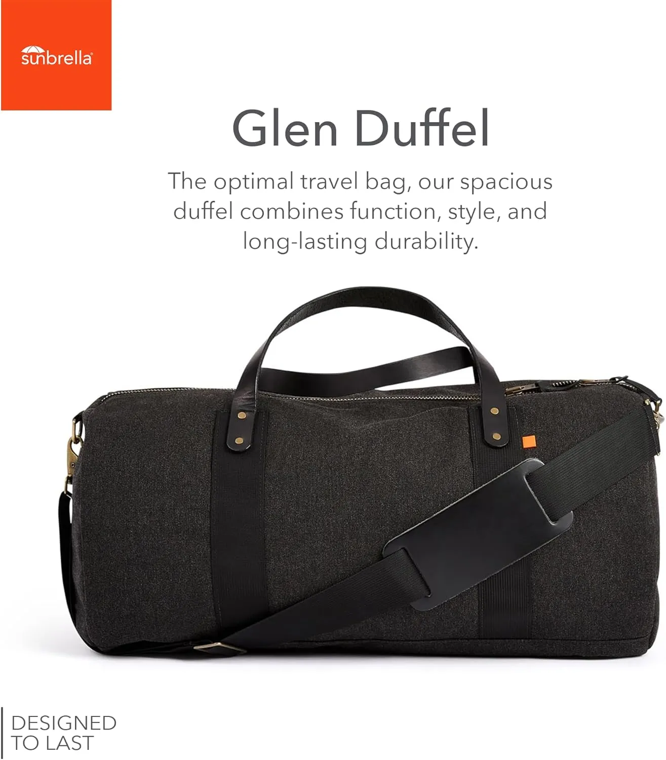 Sunbrella Glen Duffel Bag | Weekender Overnight Travel Carry-on with Leather Handles | Water & Stain Resistant | Adjustable Strap | Recycled Material | Black