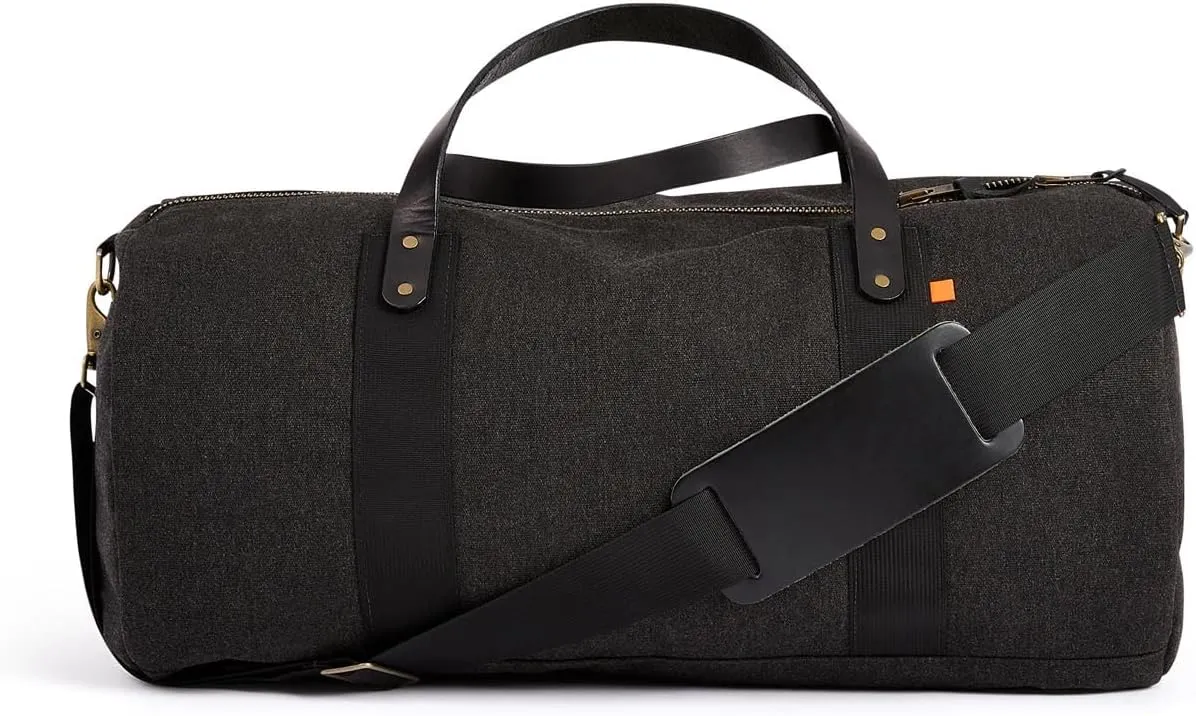 Sunbrella Glen Duffel Bag | Weekender Overnight Travel Carry-on with Leather Handles | Water & Stain Resistant | Adjustable Strap | Recycled Material | Black