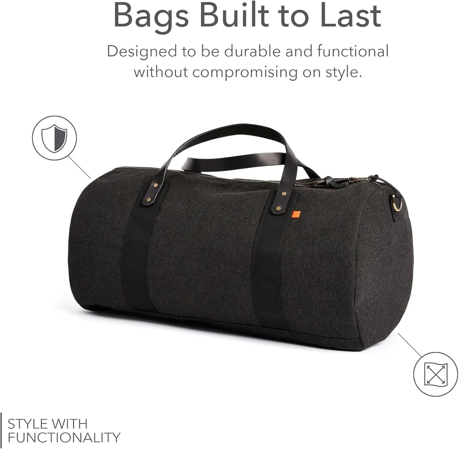 Sunbrella Glen Duffel Bag | Weekender Overnight Travel Carry-on with Leather Handles | Water & Stain Resistant | Adjustable Strap | Recycled Material | Black