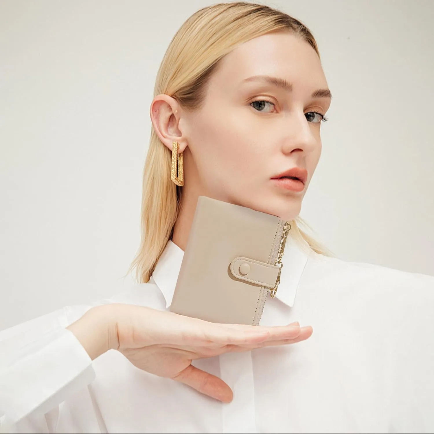Sunwel Fashion Small Vegan Leather Wallet for Women RFID Blocking Ladies 13 Card Holder with Double Zipper Pocket (STONE)