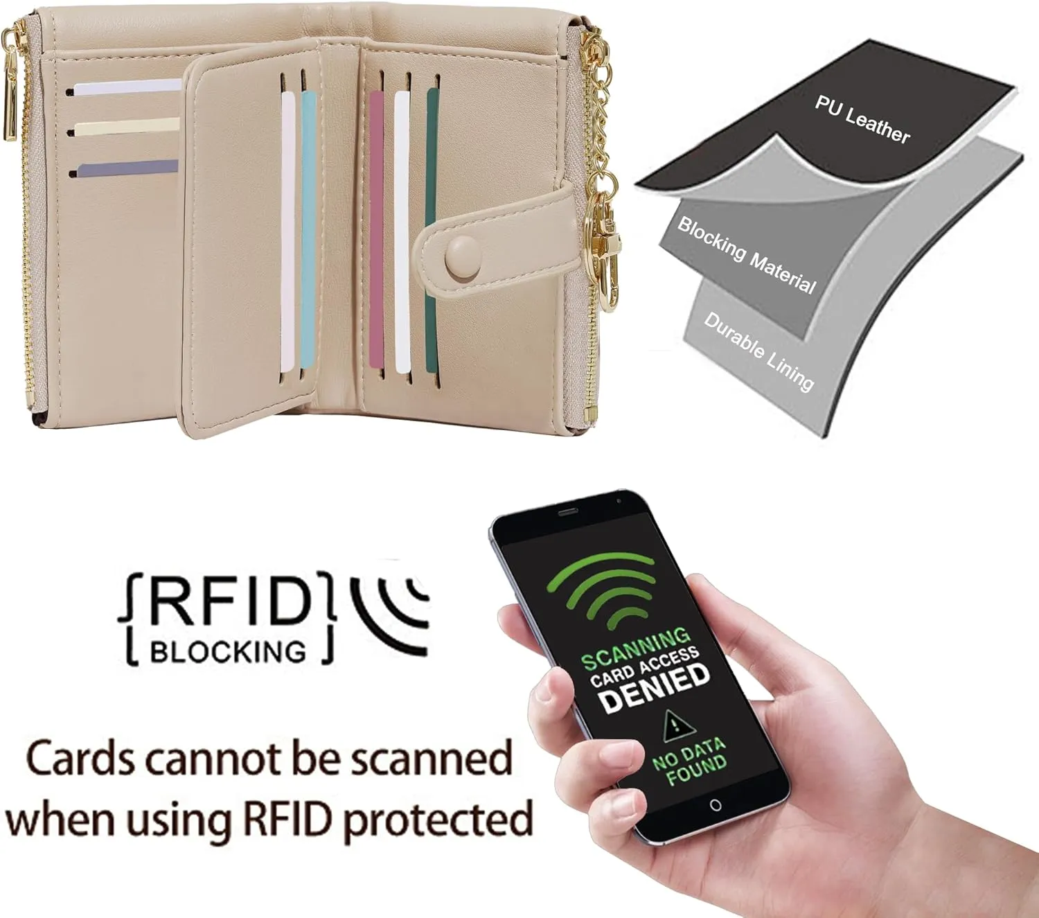 Sunwel Fashion Small Vegan Leather Wallet for Women RFID Blocking Ladies 13 Card Holder with Double Zipper Pocket (STONE)