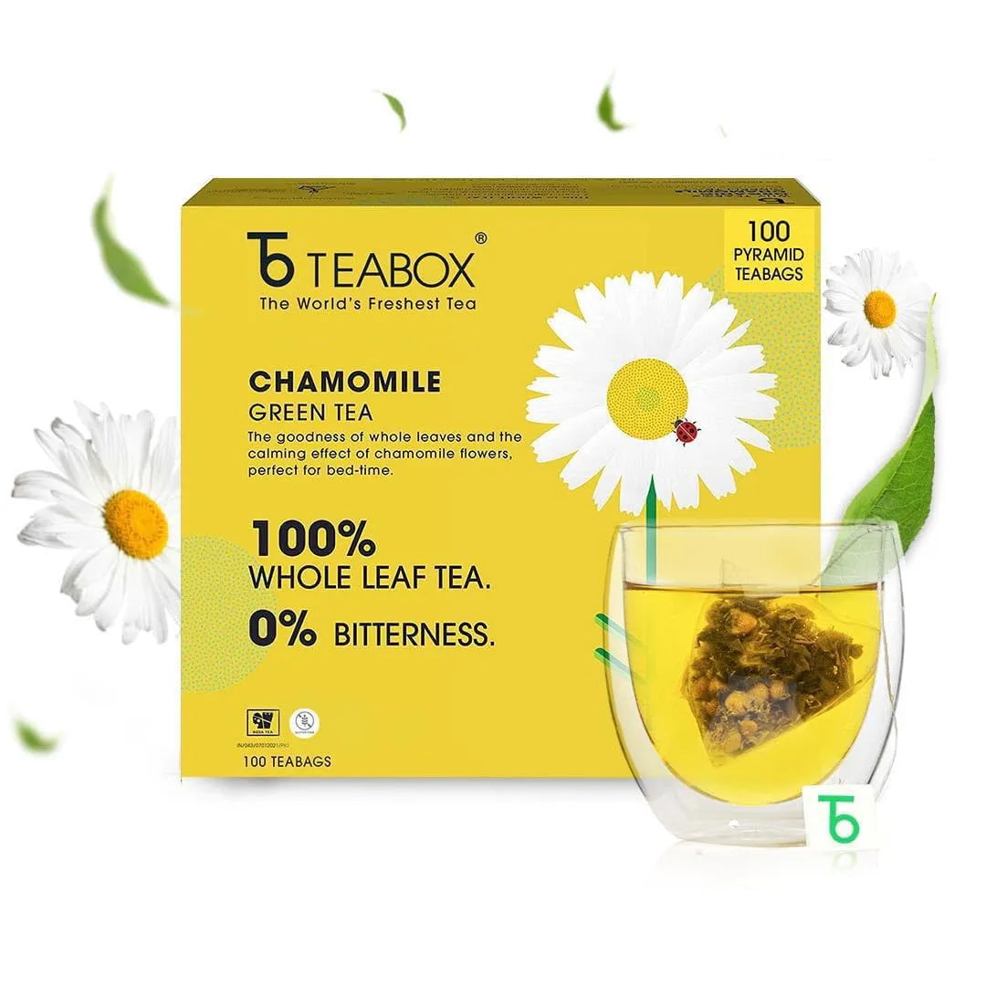 Teabox Premium Darjeeling Green Tea With Chamomile Flowers | 100% Whole Leaf & 0% Bitterness | Green Tea From The Himalayas | 100 Tea Bags (Low Caffeine)
