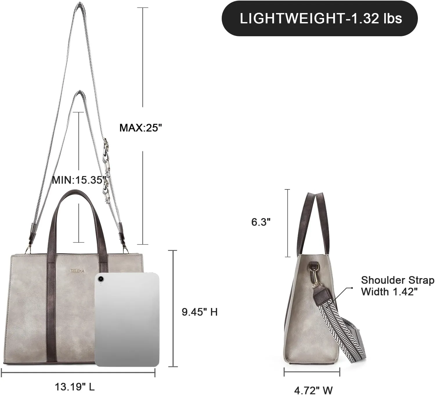 Telena Leather Tote Bag for Women Crossbody Tote Purse Handbag with Compartments and Adjustable Strap