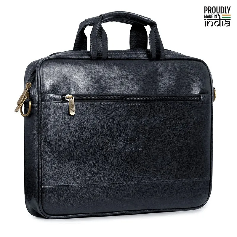 THE CLOWNFISH Biz Faux Leather Laptop Messenger Bag | Adjustable Strap | Black | 14 inch