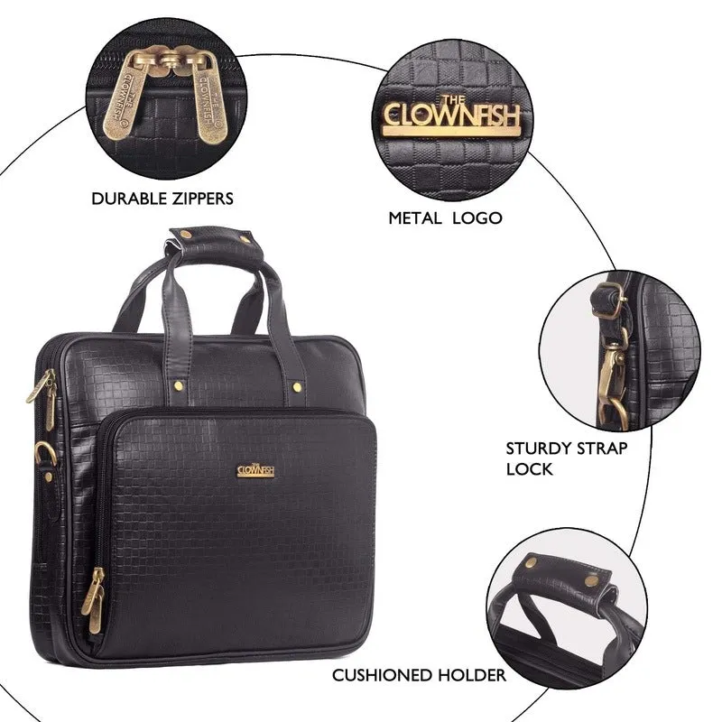 THE CLOWNFISH Milan Series Laptop Briefcase - Vegan Leather, Adjustable Shoulder Strap | 14 inch | Charcoal Black