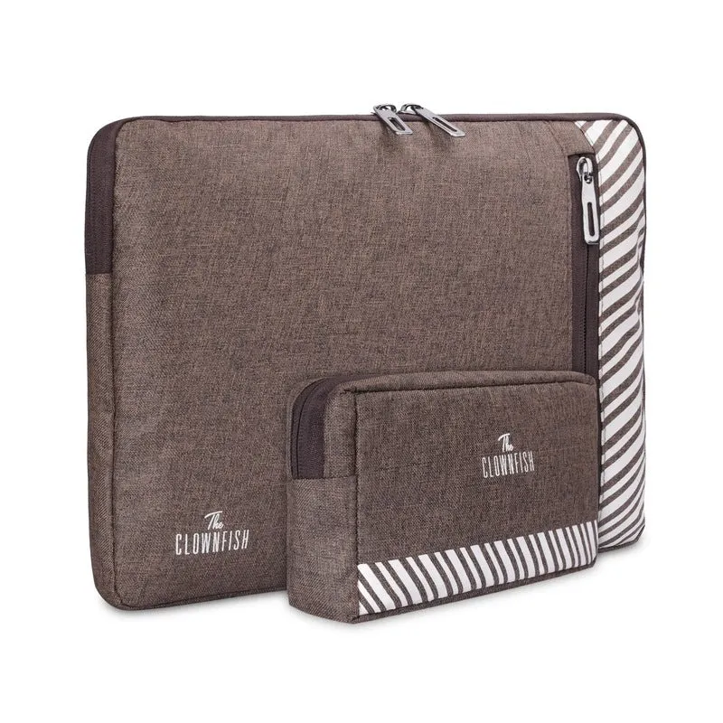 THE CLOWNFISH Unisex Adult Combo Of Algo Series Polyester 14 Inch Laptop Sleeve & Scholar Series Multipurpose Polyester Travel Pouch Pencil Case Toiletry Bag (Brown)