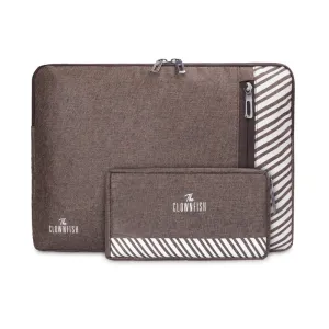 THE CLOWNFISH Unisex Adult Combo Of Algo Series Polyester 14 Inch Laptop Sleeve & Scholar Series Multipurpose Polyester Travel Pouch Pencil Case Toiletry Bag (Brown)