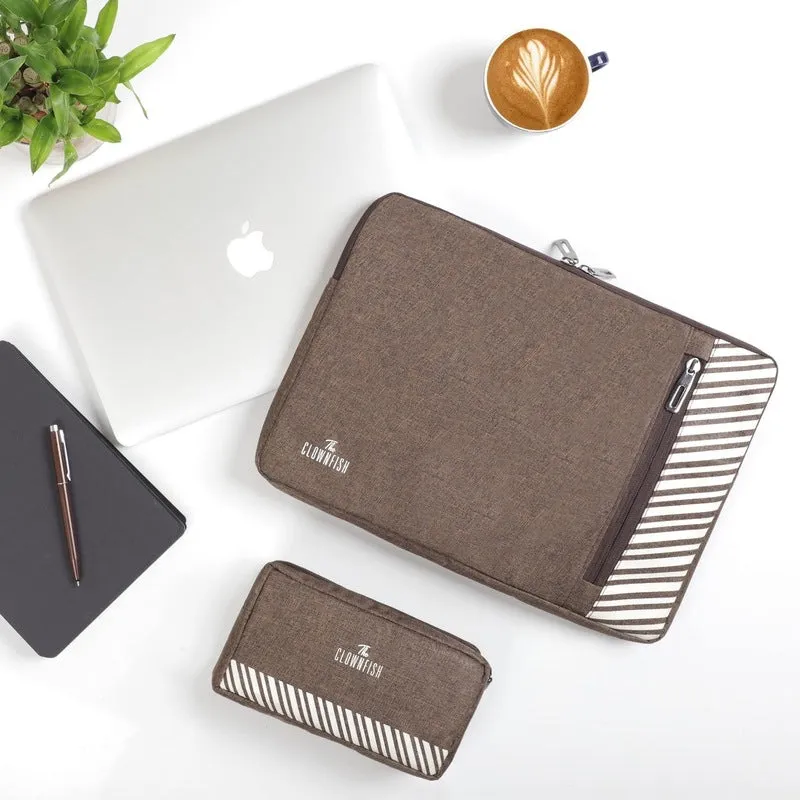 THE CLOWNFISH Unisex Adult Combo Of Algo Series Polyester 14 Inch Laptop Sleeve & Scholar Series Multipurpose Polyester Travel Pouch Pencil Case Toiletry Bag (Brown)