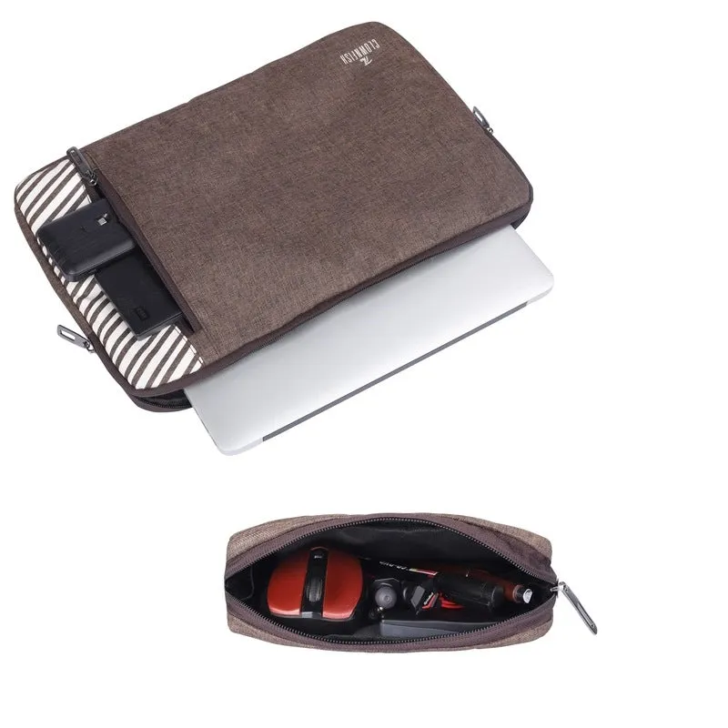 THE CLOWNFISH Unisex Adult Combo Of Algo Series Polyester 14 Inch Laptop Sleeve & Scholar Series Multipurpose Polyester Travel Pouch Pencil Case Toiletry Bag (Brown)