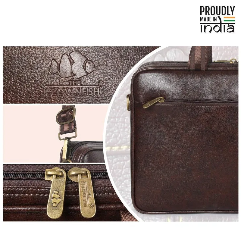 THE CLOWNFISH Zeus Faux Leather 14 inch Laptop Messenger Bag | Adjustable Shoulder Strap | 6 Liters | Dark Brown