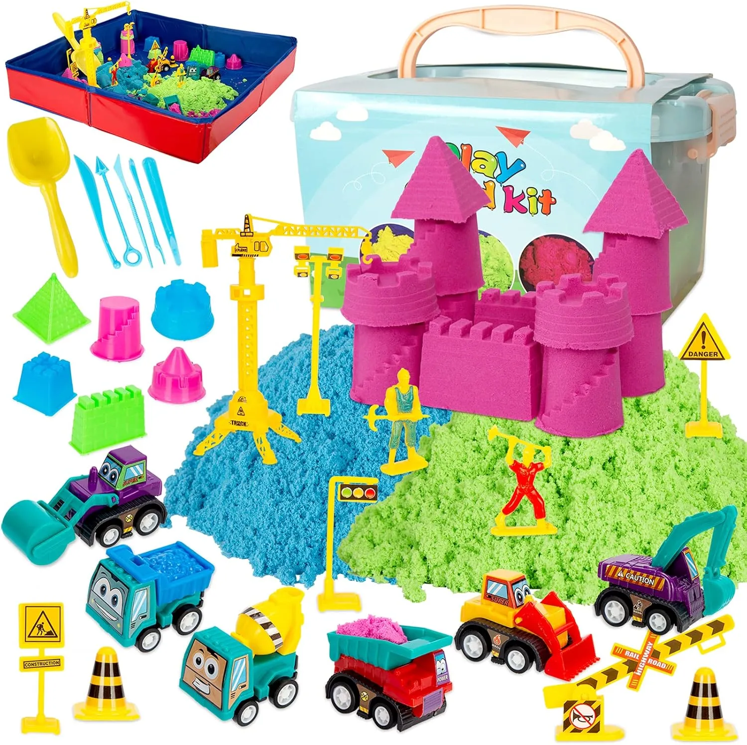 ThinkMax Sand Kit for Kids - 3lbs Sand, 6 Mini Construction Trucks, Toys, Signs, Castle Molds, Tools, Foldable Box and Storage Bin Tote - 43PCS Set for Boys Girls
