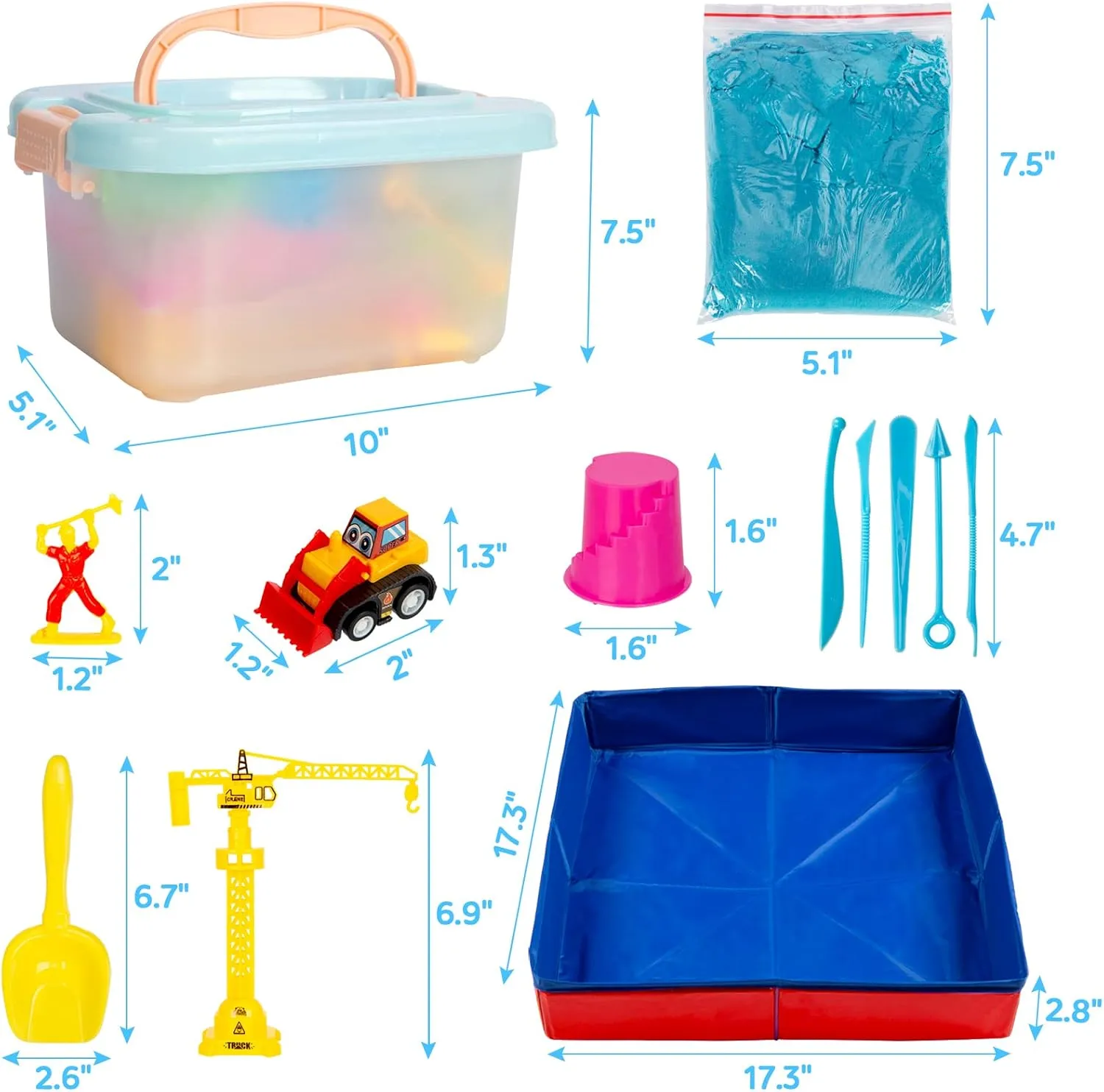 ThinkMax Sand Kit for Kids - 3lbs Sand, 6 Mini Construction Trucks, Toys, Signs, Castle Molds, Tools, Foldable Box and Storage Bin Tote - 43PCS Set for Boys Girls