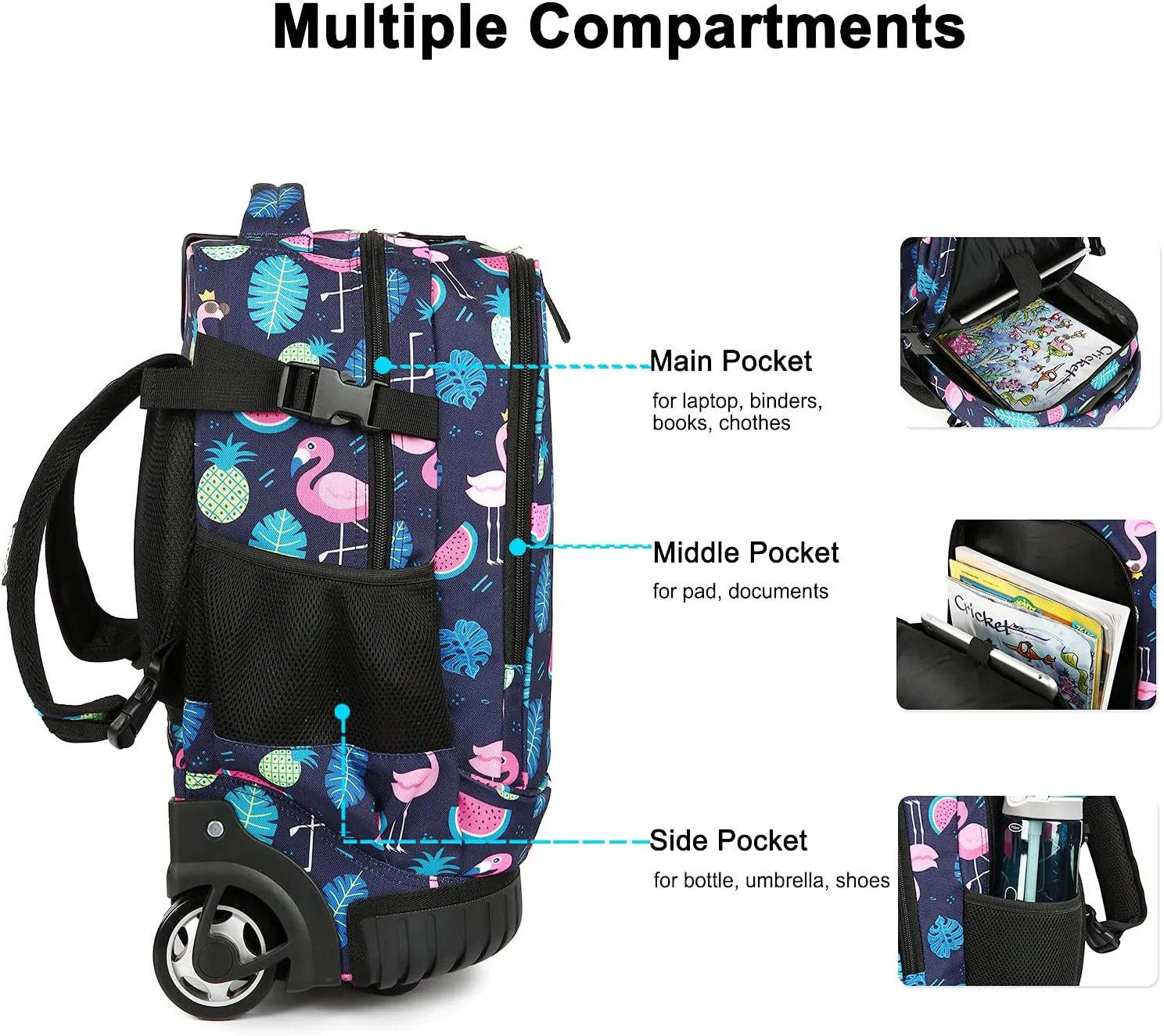 Tilami Rolling Backpack with Trolley Wheeled Design, Cute Cartoon Printed for Boys and Girls, Travel, School, Student Trip (19 Inch, Flamingo)