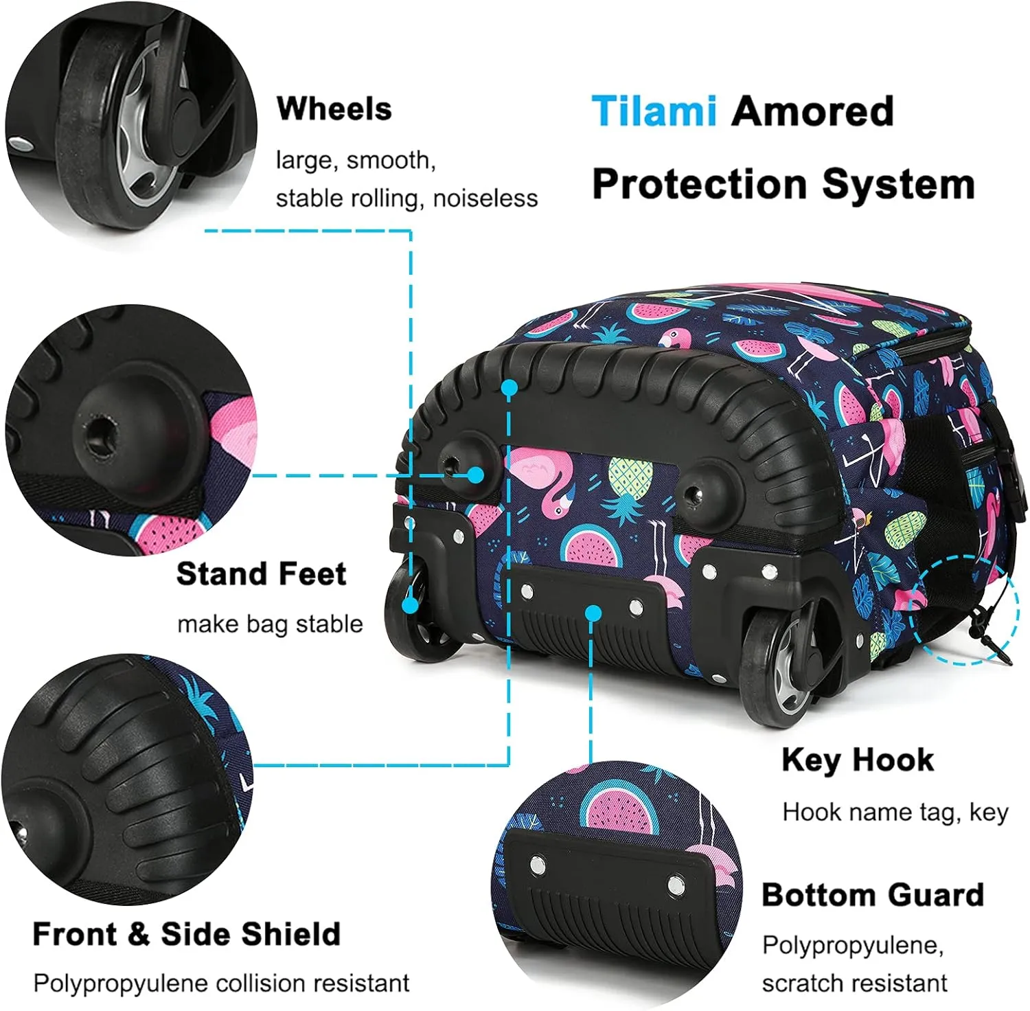 Tilami Rolling Backpack with Trolley Wheeled Design, Cute Cartoon Printed for Boys and Girls, Travel, School, Student Trip (19 Inch, Flamingo)