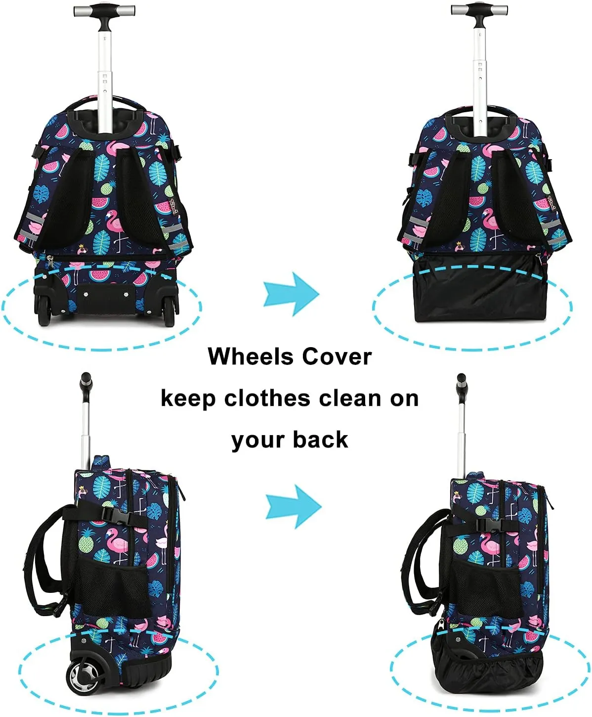 Tilami Rolling Backpack with Trolley Wheeled Design, Cute Cartoon Printed for Boys and Girls, Travel, School, Student Trip (19 Inch, Flamingo)