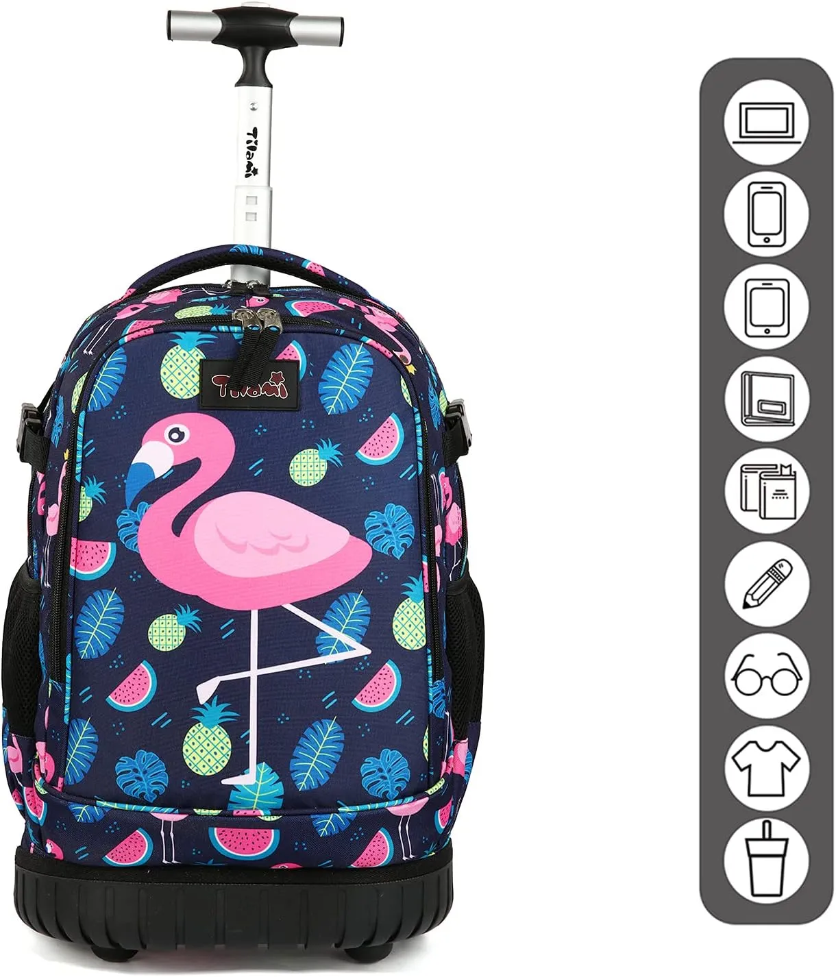 Tilami Rolling Backpack with Trolley Wheeled Design, Cute Cartoon Printed for Boys and Girls, Travel, School, Student Trip (19 Inch, Flamingo)