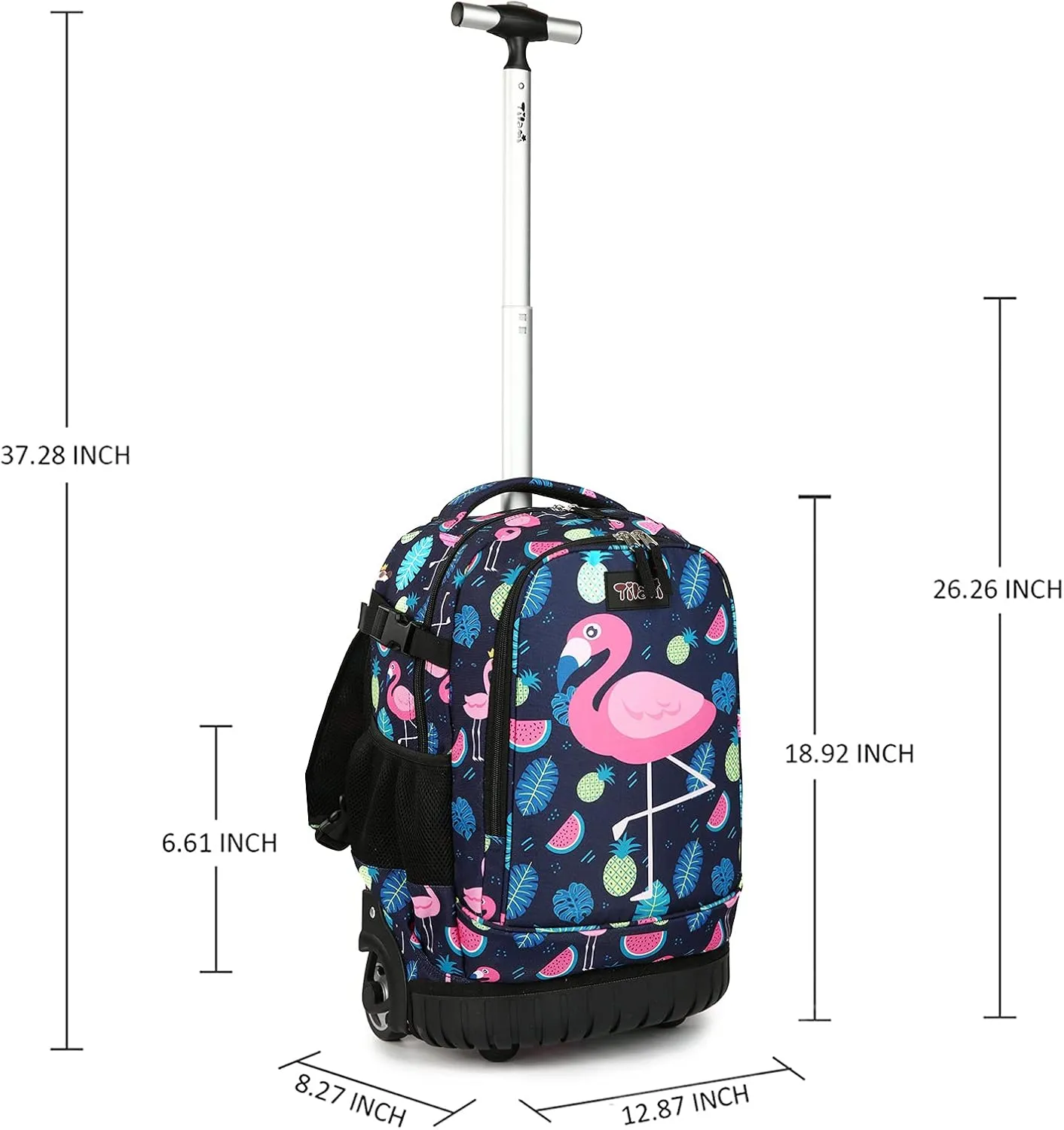 Tilami Rolling Backpack with Trolley Wheeled Design, Cute Cartoon Printed for Boys and Girls, Travel, School, Student Trip (19 Inch, Flamingo)