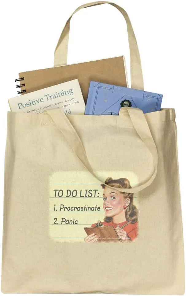 To Do List Procrastinate Panic Funny Humor Grocery Travel Reusable Tote Bag