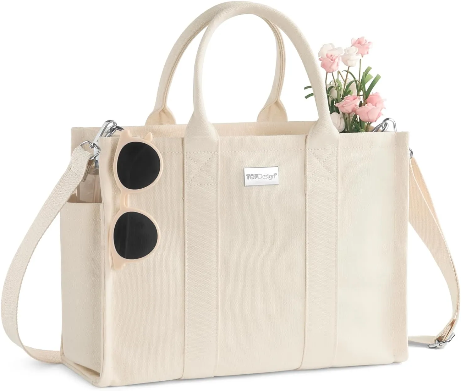 TOPDesign Heavy-Duty Canvas Tote Bag for Women, Adjustable Crossbody Handbag with 6 Pockets, Everything Tote