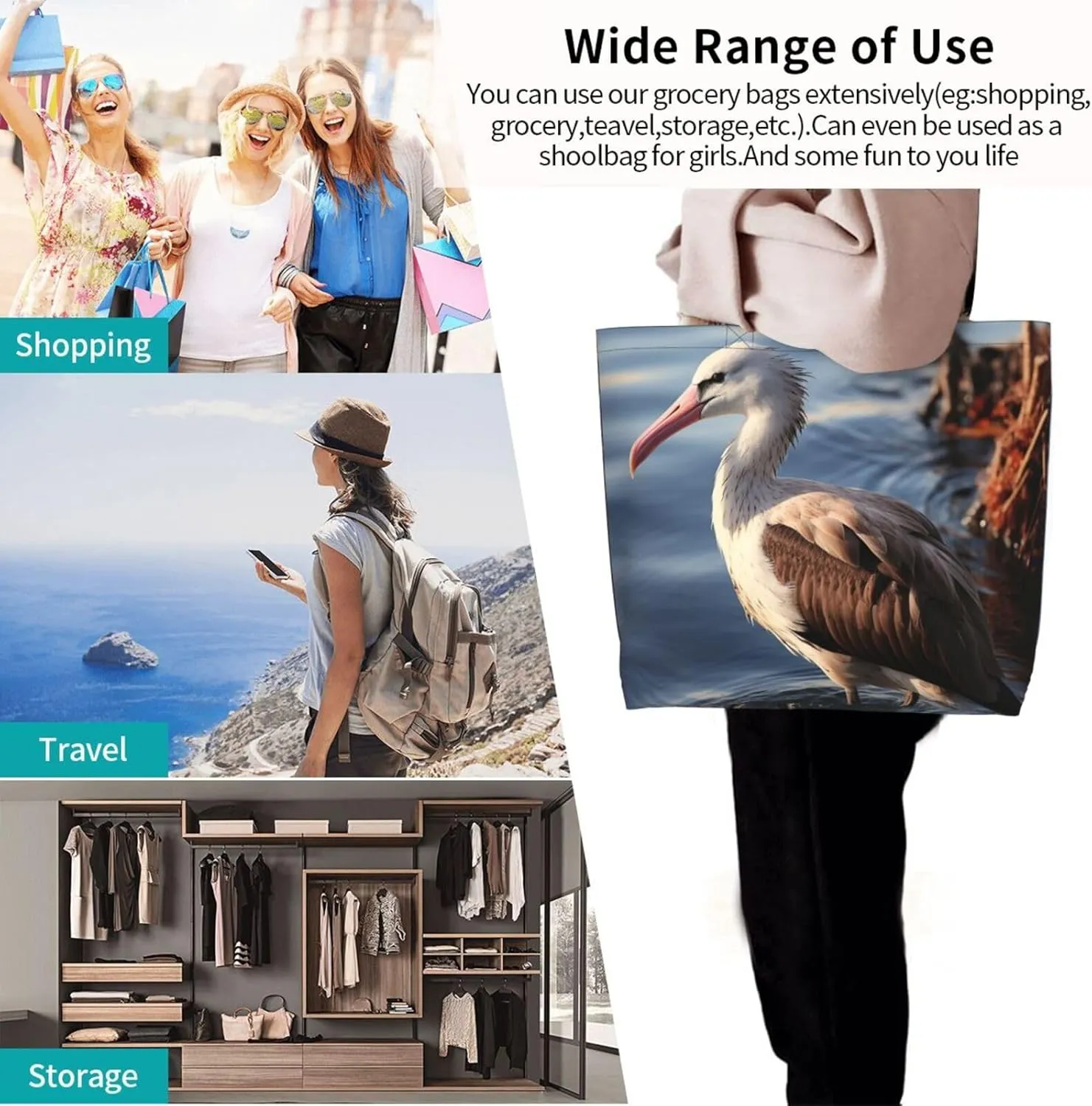 Tote Bag for Women Grocery Bag Reusable Shopping Bag Bird resting on branch Handbag Foldable Shoulder Bag