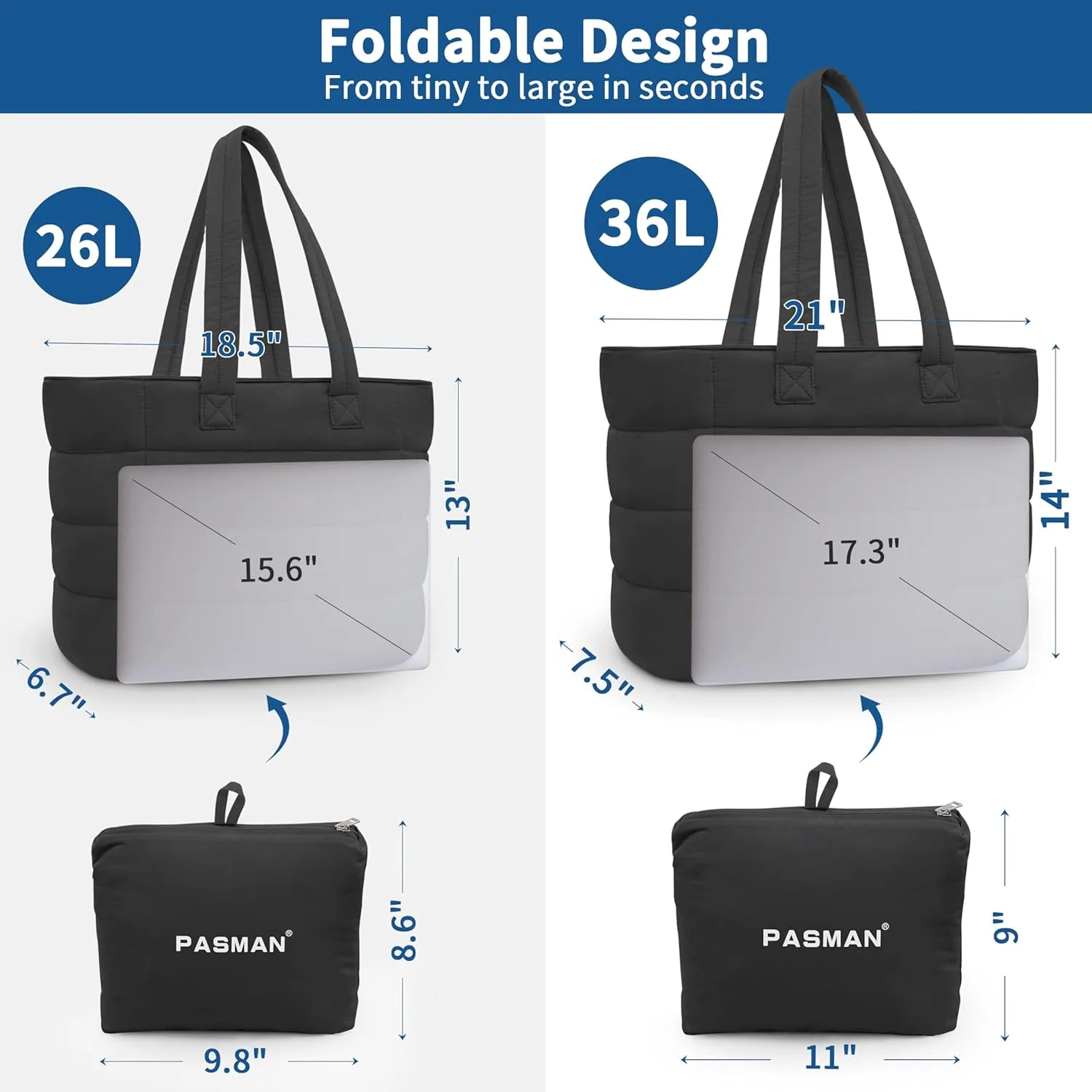 Tote Bag for Women, Lightweight Puffy Foldable Tote Bag With Zipper,Quilted Shoulder Bag for Travel,College,Work