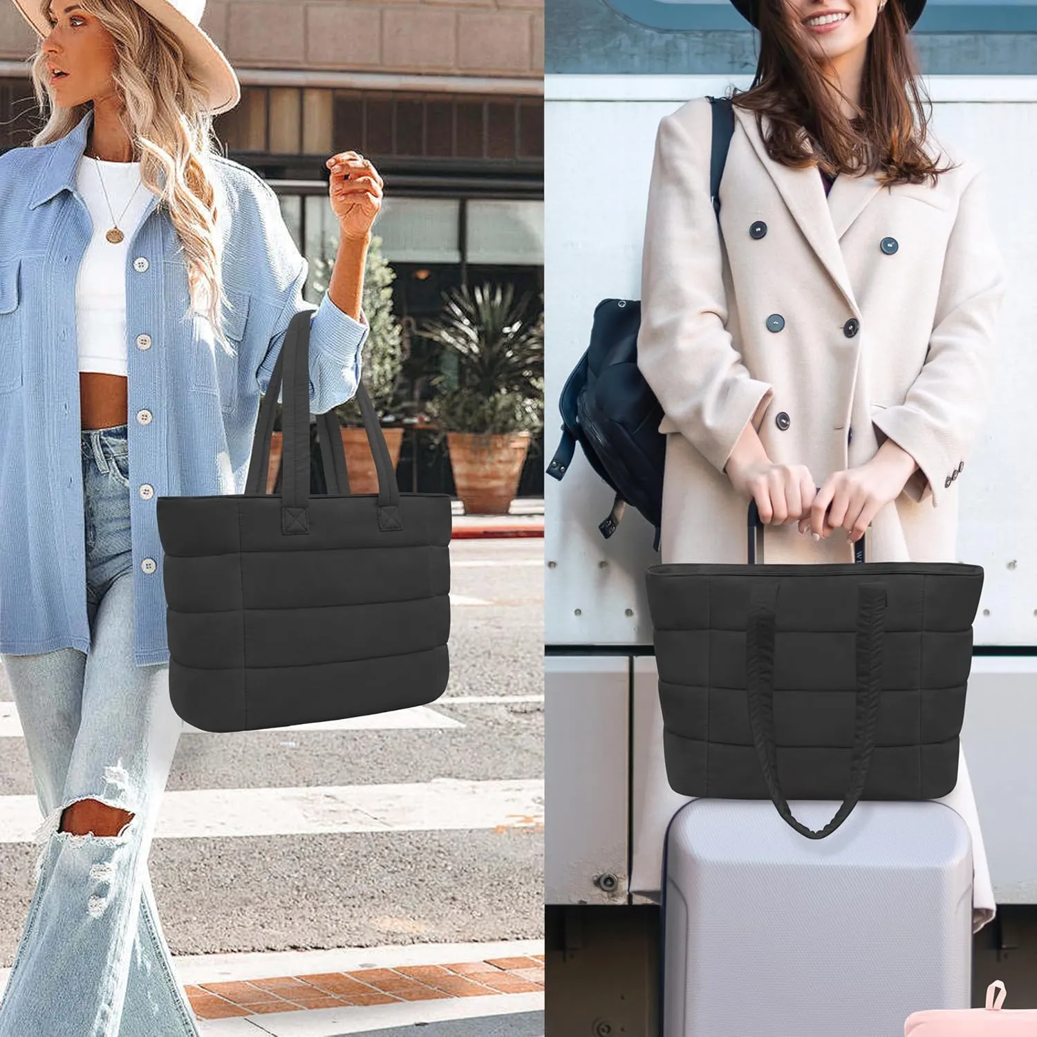Tote Bag for Women, Lightweight Puffy Foldable Tote Bag With Zipper,Quilted Shoulder Bag for Travel,College,Work