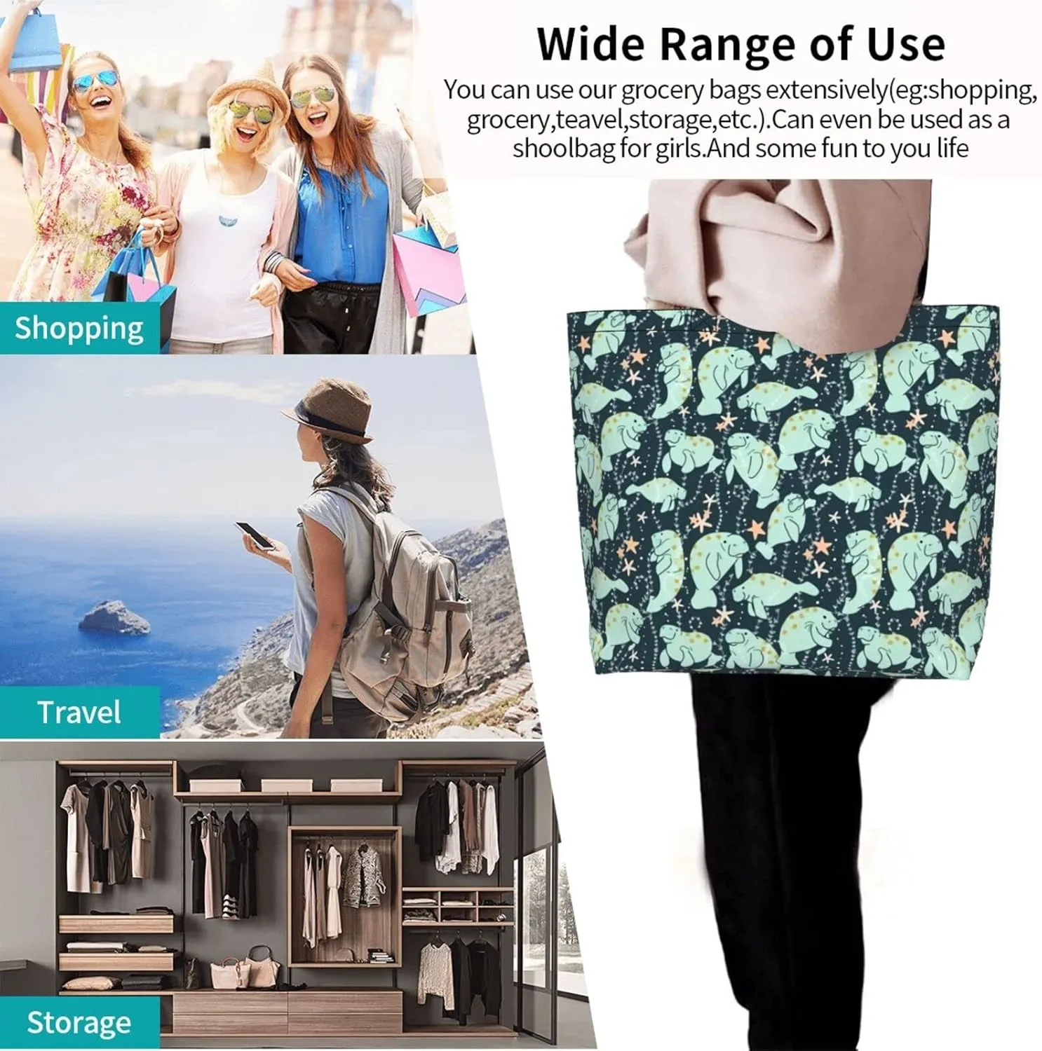 Tote Bag for Women Men Reusable Beach Shoulder Bag Casual Handbag for Travel Shopping Grocery Work