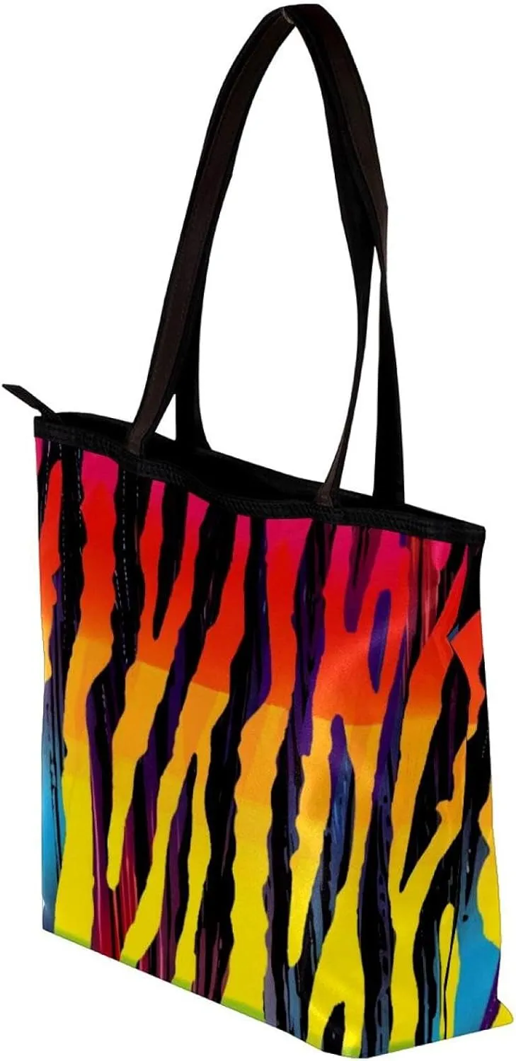Tote Bag, Large Tote Bag, Tote Bag with Zipper, Rainbow Zebra Pattern Modern, Tote Bag for Work
