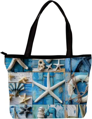 Tote Bags, Large Tote Bags for Women, Tote Bag with Zipper, Summer Nautical Anchor Starfish, Tote Bags Women