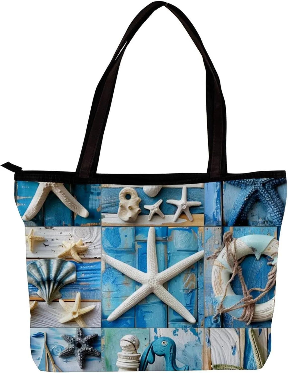 Tote Bags, Large Tote Bags for Women, Tote Bag with Zipper, Summer Nautical Anchor Starfish, Tote Bags Women