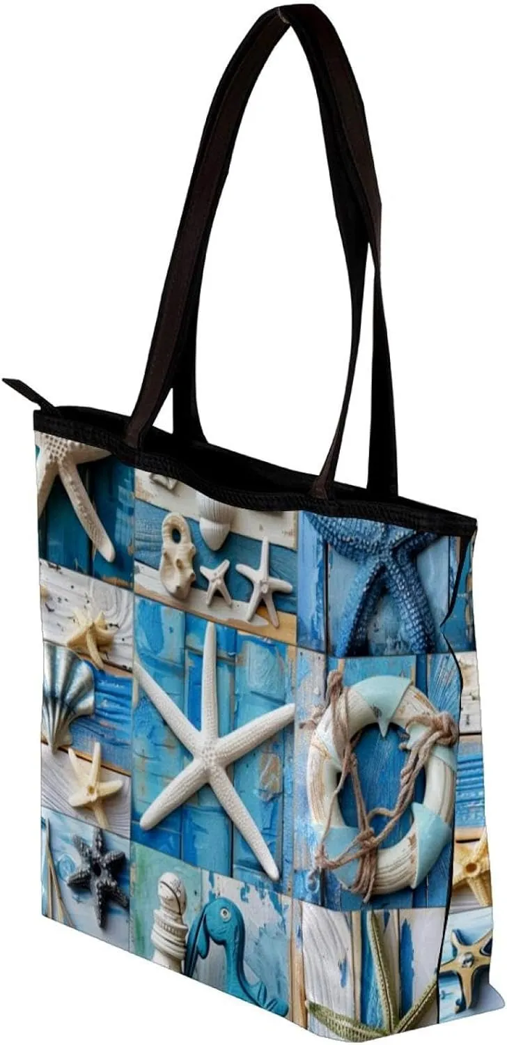 Tote Bags, Large Tote Bags for Women, Tote Bag with Zipper, Summer Nautical Anchor Starfish, Tote Bags Women