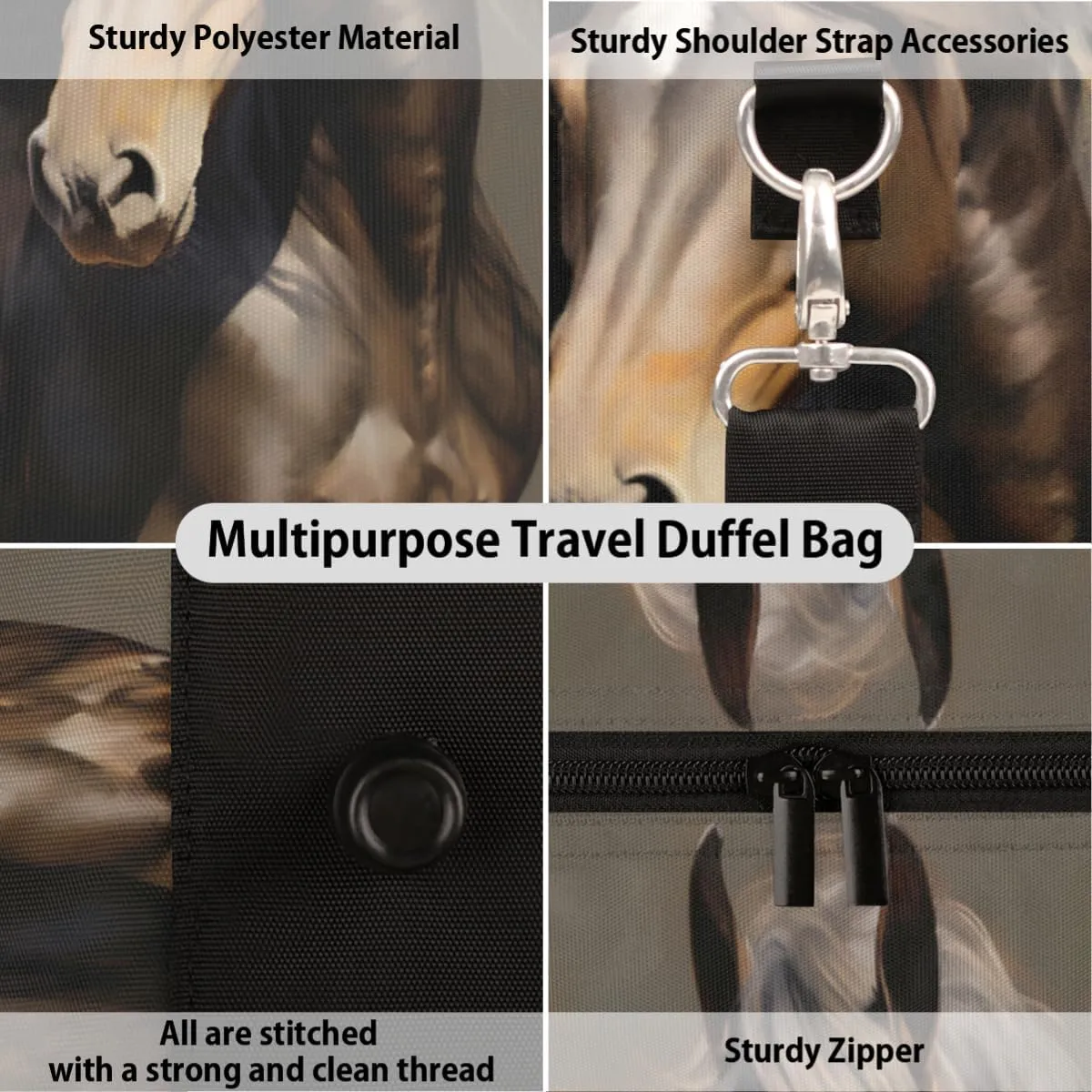 Travel Duffel Bag for Men & Women, Foldable Sports Gym Bag Tote Bag with Adjustable Shoulder Straps,Funny Animal Horse Overnight Weekender Carry On Bag for Workout, Yoga, Swimming