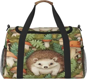 Travel Duffel Bag For Men Women, Cute Hedgehog Forest Mushroom Carry On Sport Gym Bag With Shoulder Strap Lightweight Waterproof Weekender Bag Overnight Bag