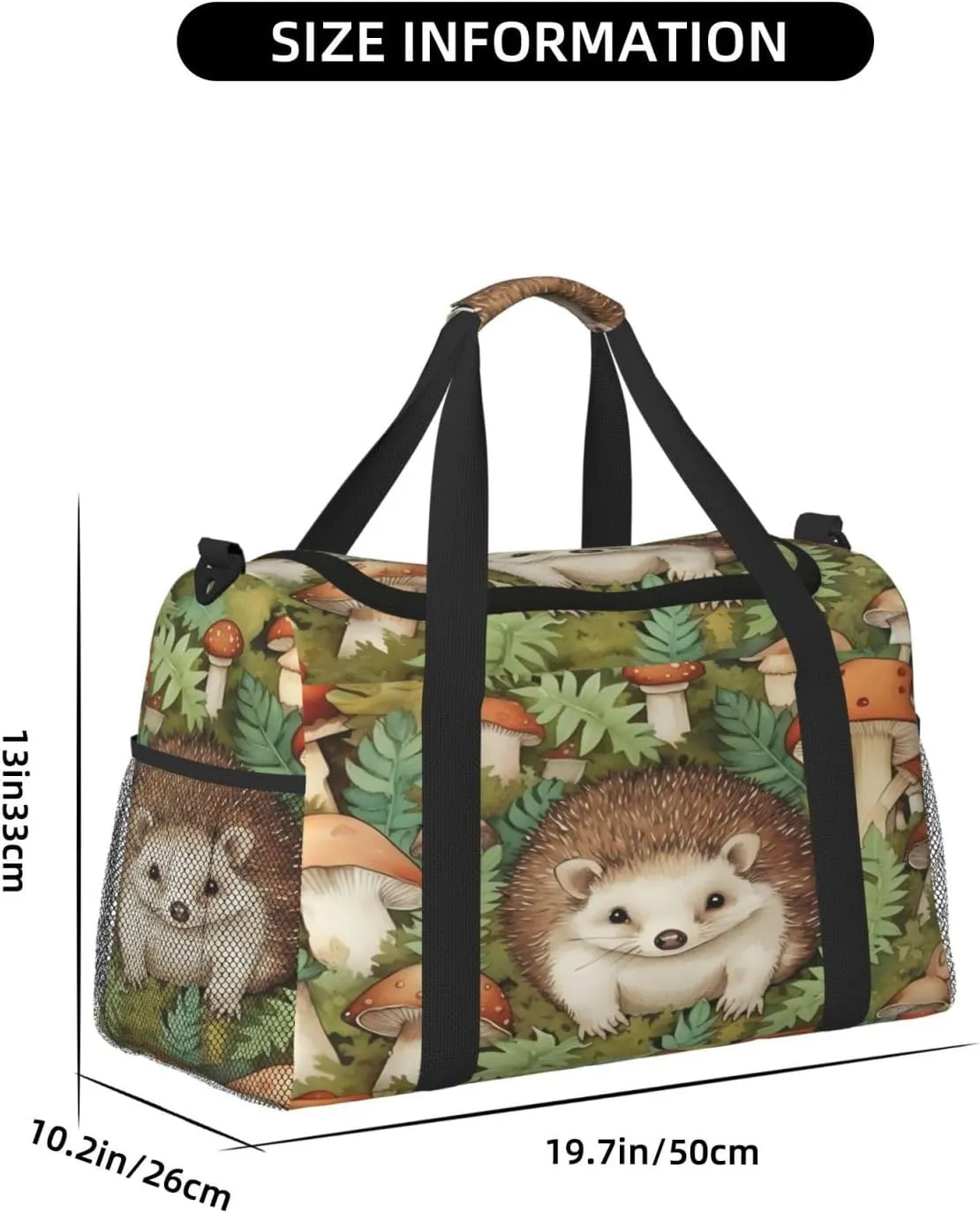 Travel Duffel Bag For Men Women, Cute Hedgehog Forest Mushroom Carry On Sport Gym Bag With Shoulder Strap Lightweight Waterproof Weekender Bag Overnight Bag