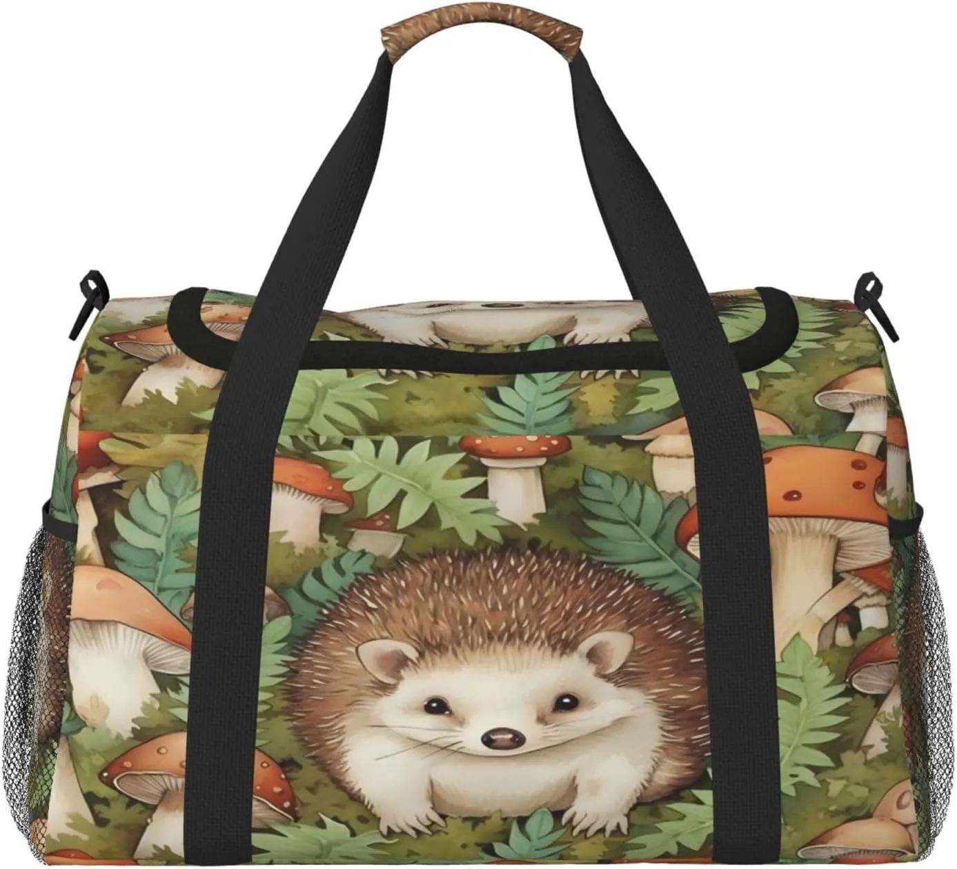 Travel Duffel Bag For Men Women, Cute Hedgehog Forest Mushroom Carry On Sport Gym Bag With Shoulder Strap Lightweight Waterproof Weekender Bag Overnight Bag