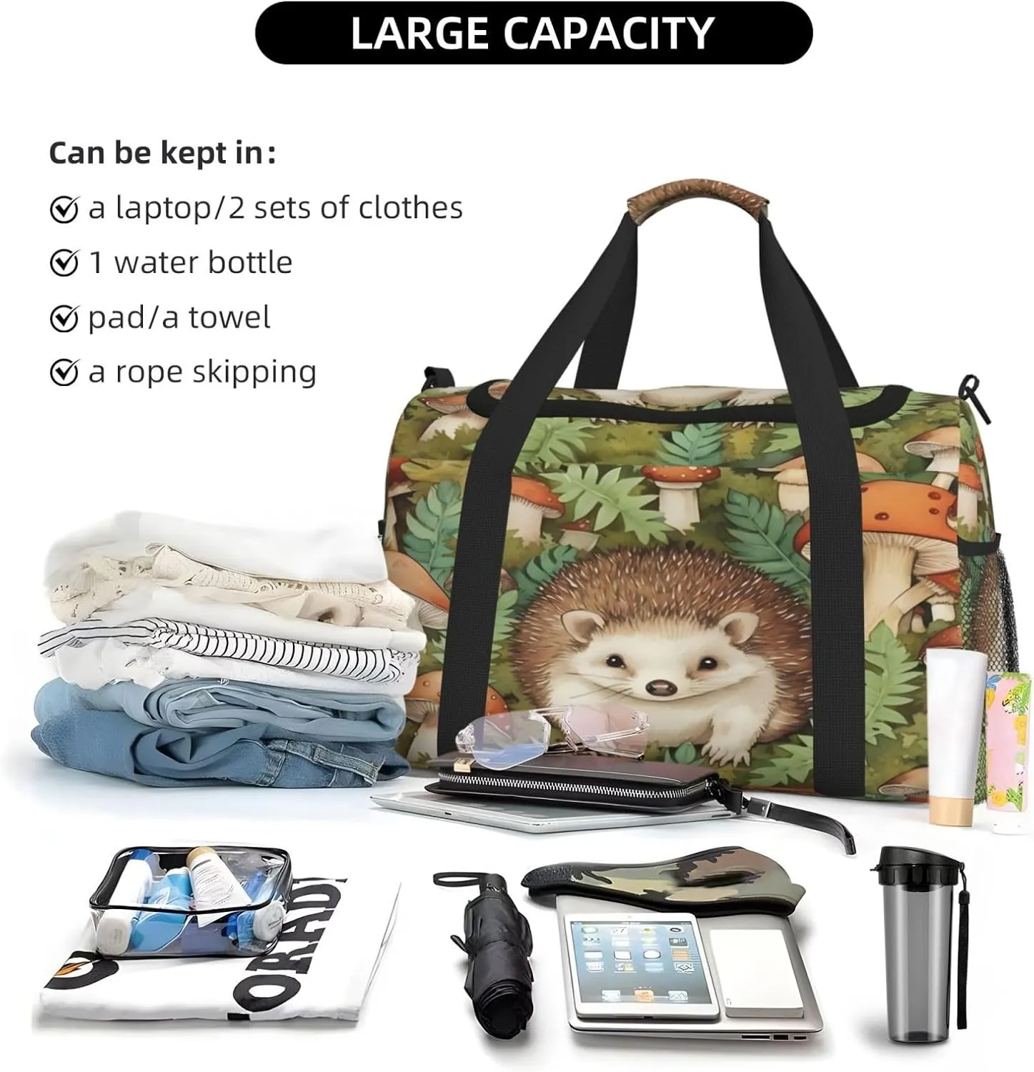 Travel Duffel Bag For Men Women, Cute Hedgehog Forest Mushroom Carry On Sport Gym Bag With Shoulder Strap Lightweight Waterproof Weekender Bag Overnight Bag