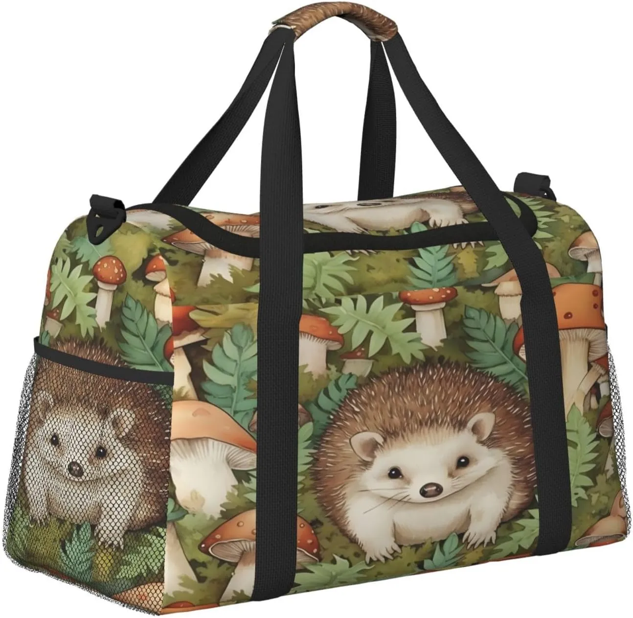 Travel Duffel Bag For Men Women, Cute Hedgehog Forest Mushroom Carry On Sport Gym Bag With Shoulder Strap Lightweight Waterproof Weekender Bag Overnight Bag
