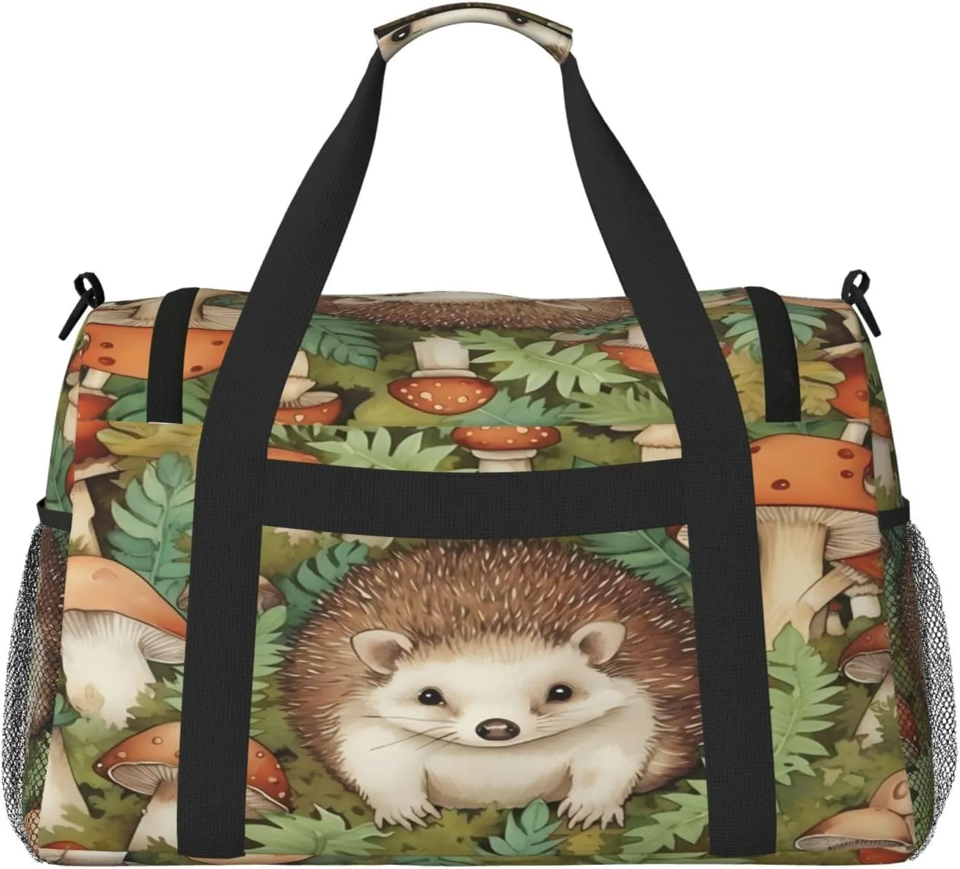 Travel Duffel Bag For Men Women, Cute Hedgehog Forest Mushroom Carry On Sport Gym Bag With Shoulder Strap Lightweight Waterproof Weekender Bag Overnight Bag
