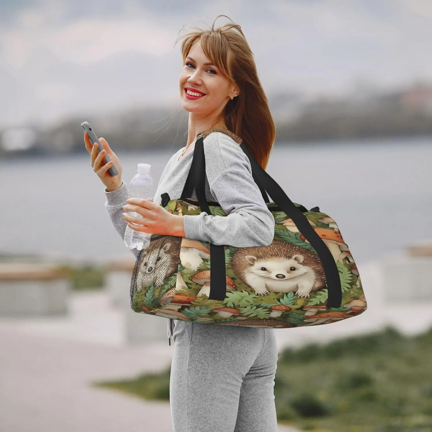Travel Duffel Bag For Men Women, Cute Hedgehog Forest Mushroom Carry On Sport Gym Bag With Shoulder Strap Lightweight Waterproof Weekender Bag Overnight Bag