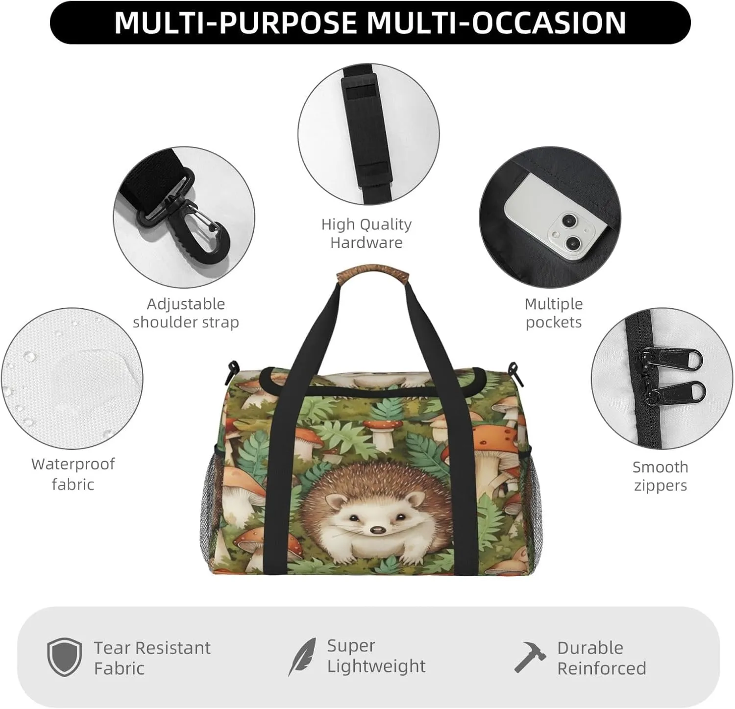 Travel Duffel Bag For Men Women, Cute Hedgehog Forest Mushroom Carry On Sport Gym Bag With Shoulder Strap Lightweight Waterproof Weekender Bag Overnight Bag