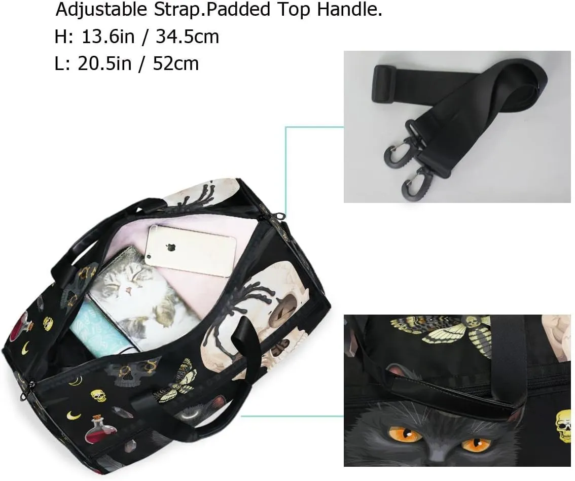 Travel Duffel Bags Black Cat Skull Moth Sports Duffel Bag Gym Bag Travel Luggage Overnight Bags for Men Women Duffel Bags with Adjustable Strap for Traveling