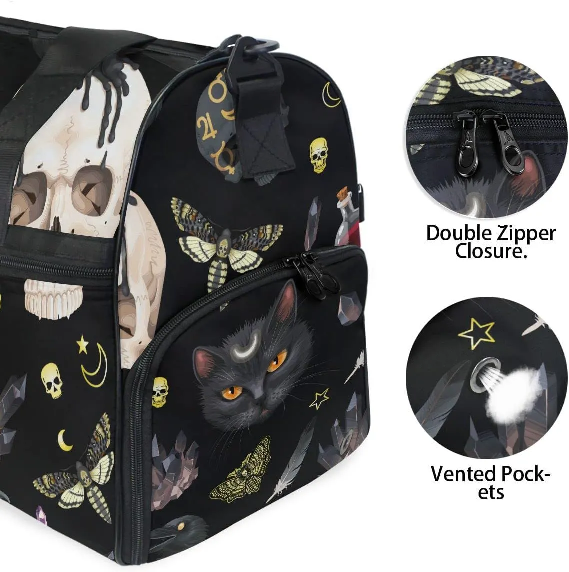 Travel Duffel Bags Black Cat Skull Moth Sports Duffel Bag Gym Bag Travel Luggage Overnight Bags for Men Women Duffel Bags with Adjustable Strap for Traveling